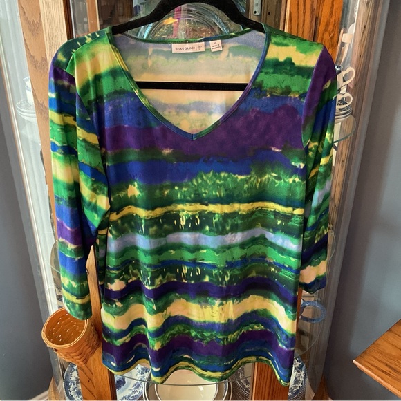 Susan Graver Tops - Susan Graver  Striped V-Neck Top in Green, Blue & Purple XL